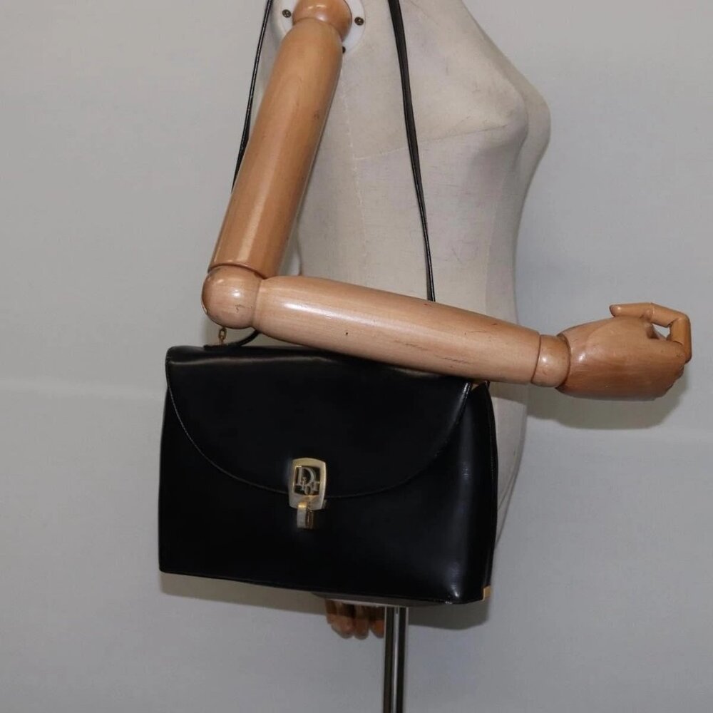 Christian Dior Shoulder Bag Leather Black Gold Auth BA5697